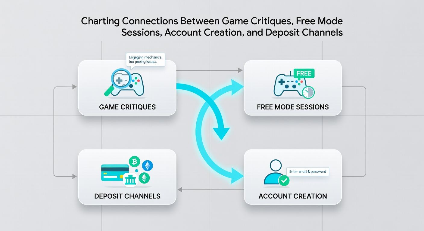 Flowchart-style graphic showing connections between slot reviews, free spins demos, account registration screens, and various deposit icons on a smartphone