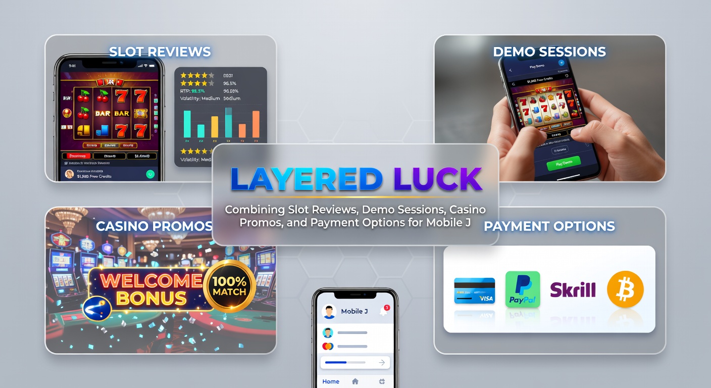 Layered strategy diagram showing slot review icons flowing into demo spins, promo codes, and payment gateways leading to a glowing mobile jackpot win