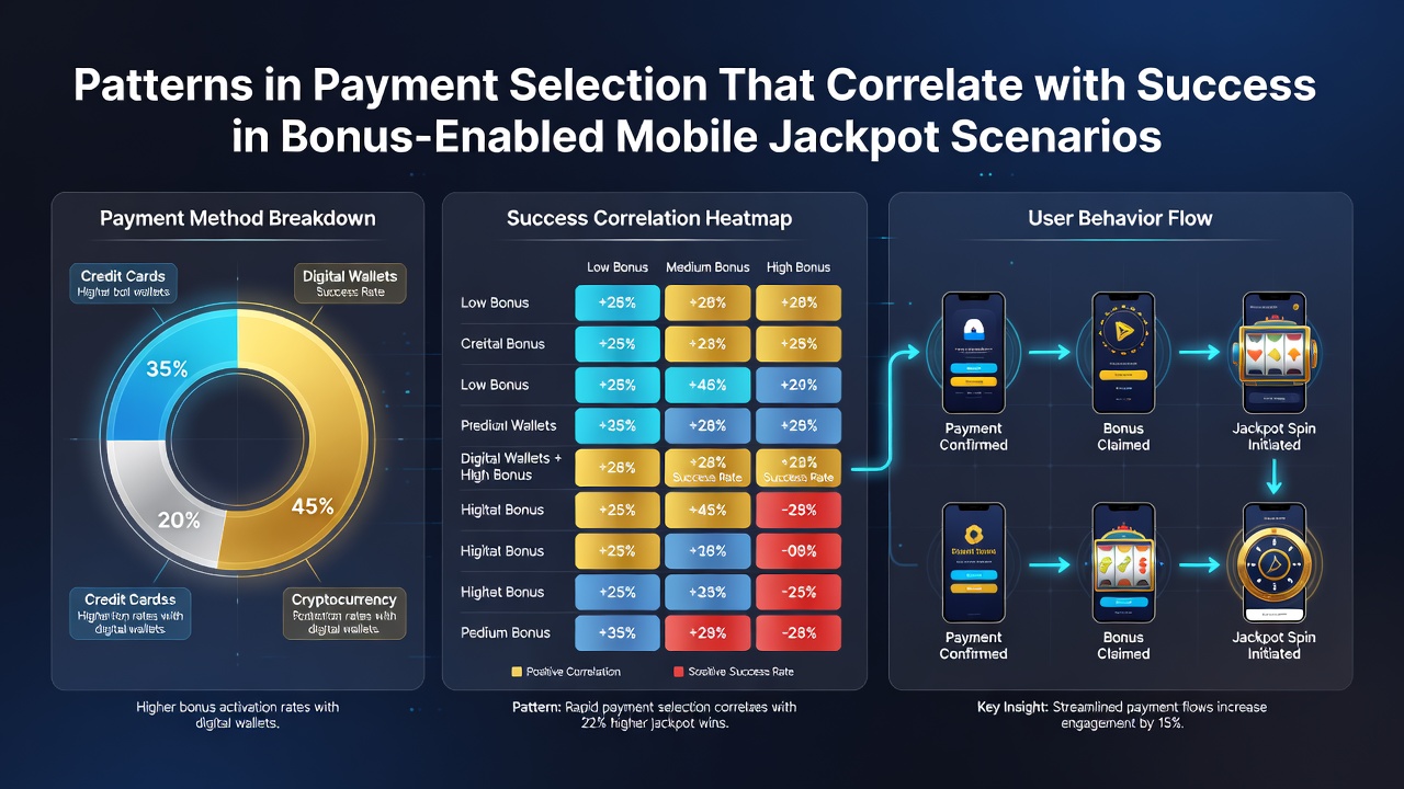 Infographic-style visualization of payment method icons connected by arrows to mobile jackpot win statistics and bonus meter graphics