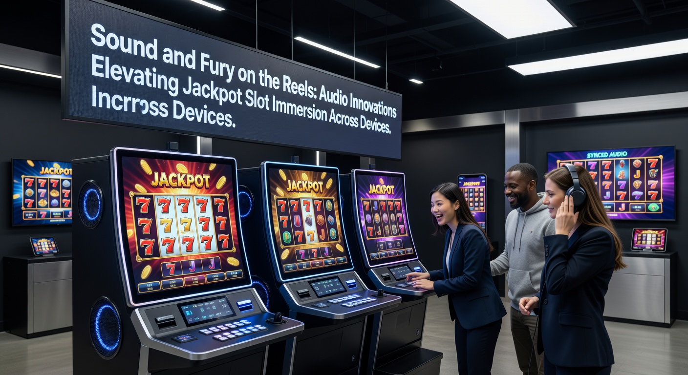Close-up of a player's hands on a tablet screen during a jackpot slot bonus round, with audio icons and immersive sound effects visualized bursting from the speakers