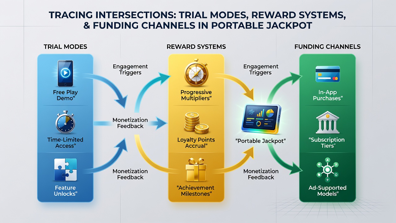 Diagram illustrating connections between demo play, bonus systems, and deposit methods in portable jackpot games on tablet and mobile screens